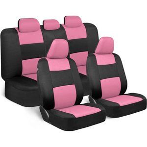 Car Seat Covers Full Set in Pink on Black–Front and Rear Split Bench Seat Covers